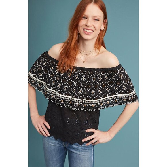 NWT Hemant and Nandita Mavra Off Shoulder Blouse Black White Sequin Embroidery M - Picture 2 of 13